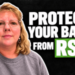 Woman with blond hair and glasses on the left, overlaid text reads 'PROTECT YOUR BABY FROM RSV' on a black background.